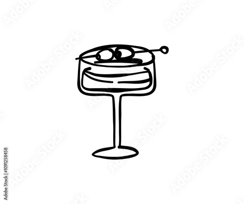 Glass with drink and olive hand drawn in doodle style. Food, kitchen, menu. Vector illustration for design.