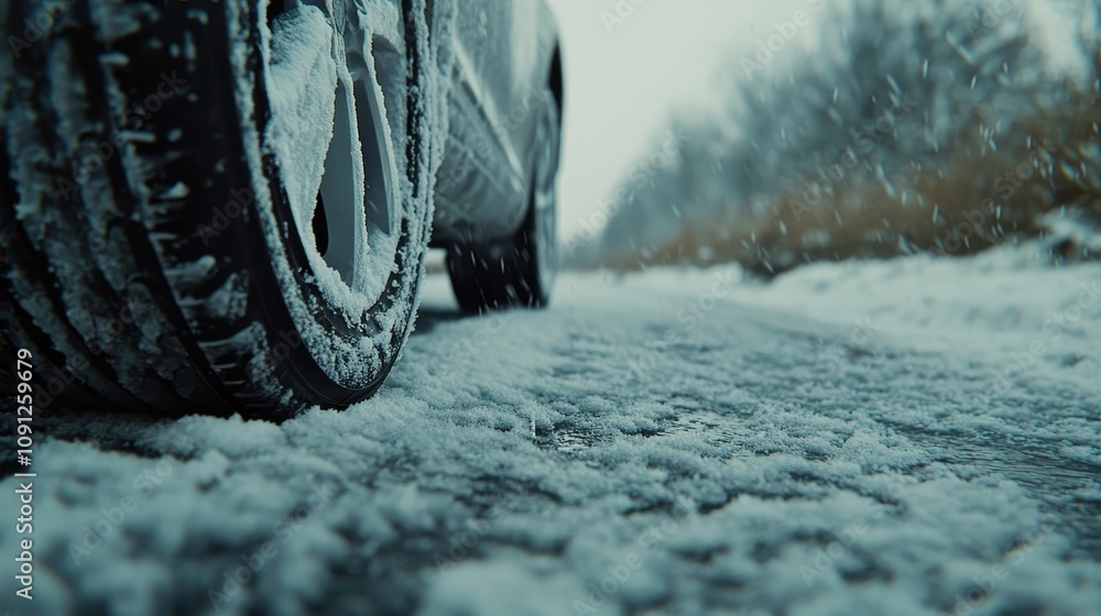 Snowy Winter Road Car Tire Closeup Snow Driving Winter Travel Snowy Winter Road Car Tire Closeup Snow Driving Winter Travel