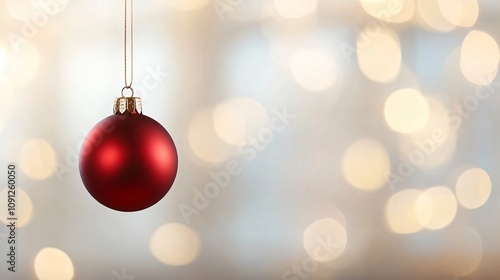 Christmas ball ornament hanging with golden string on blurred background with bokeh effect, creating a festive atmosphere