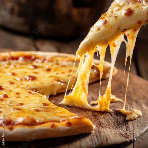 A delicious pizza with stretchy cheese. One slice of pizza is torn from a whole circle, and the cheese stretches, forming thin threads.   photo