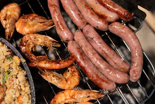 Sausages and shrimp grillin...