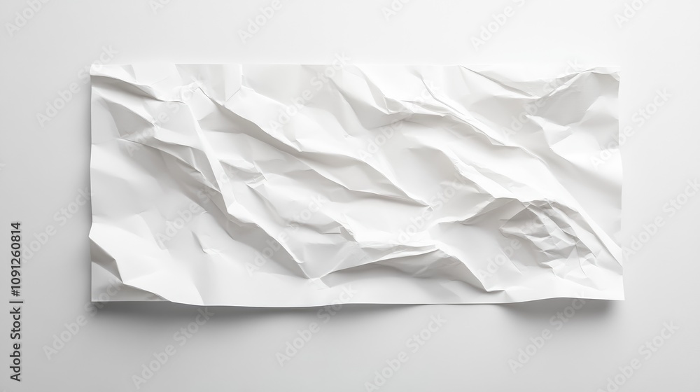 Obraz premium Crumpled white paper sheet with textured waves against a clean, plain white background, highlighting the intricate folds and shadows.