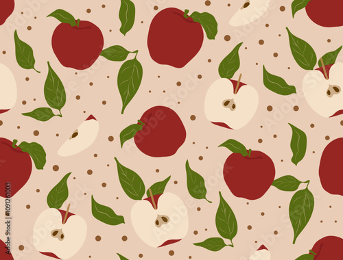 Apples seamless pattern. Sweet fruits repeat and dots background. Vector hand drawn apples garden illustration design for print.