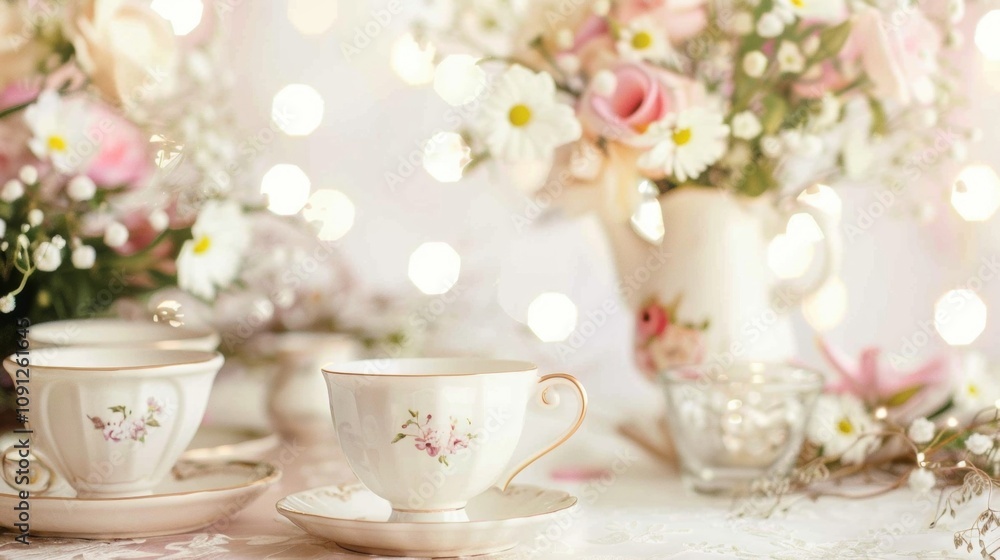 Fototapeta premium Soft focus on a table covered in delicate floral centerpieces and dainty tea cups.