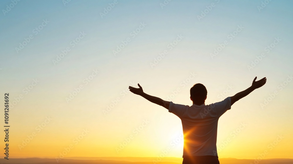 Fototapeta premium Man embraces freedom at sunset, arms raised in golden light, surrounded by serene nature, evoking success, peace, and joy. Mindful and grateful, he finds solace in the beauty of the moment