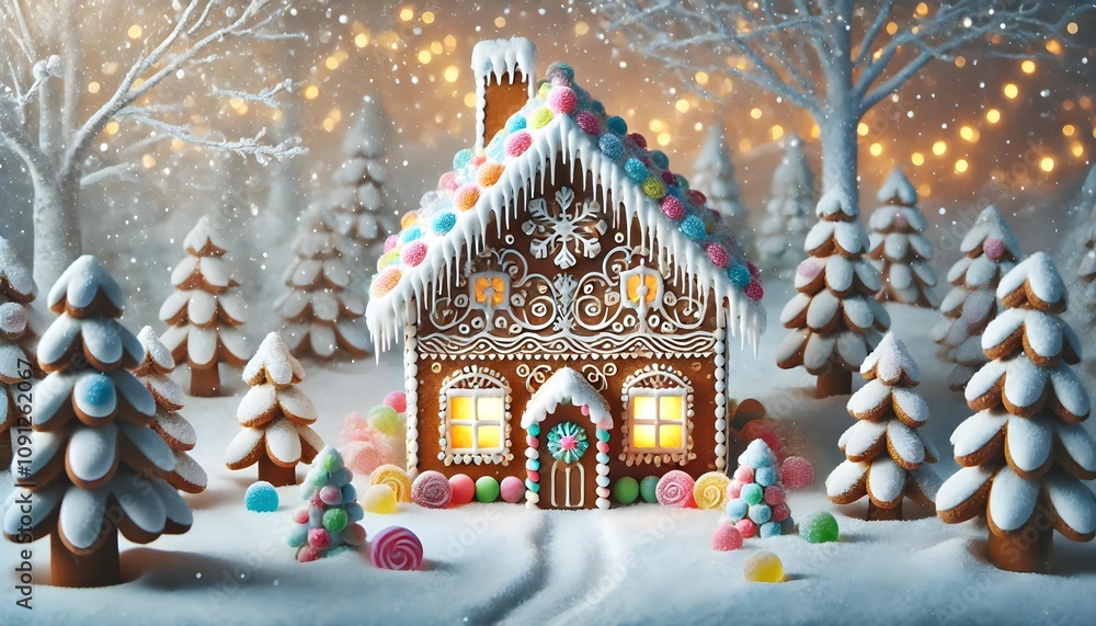 Fototapeta premium Gingerbread wonderland house with pastel candy and snow