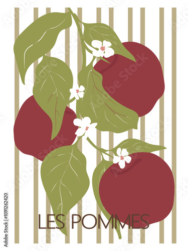 Les pommes abstract poster. Retro groovy apples on lined background. Aesthetic contemporary wall art design.