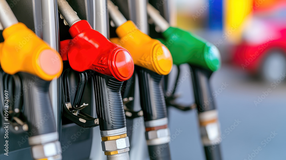 Vibrant Fuel Dispenser Nozzles, close-up view of colorful gas pump nozzles, designed for eco-friendly energy and petrochemical refueling. Vibrant Fuel Dispenser Nozzles, close-up view of colorful gas pump nozzles, designed for eco-friendly energy and petrochemical refueling.