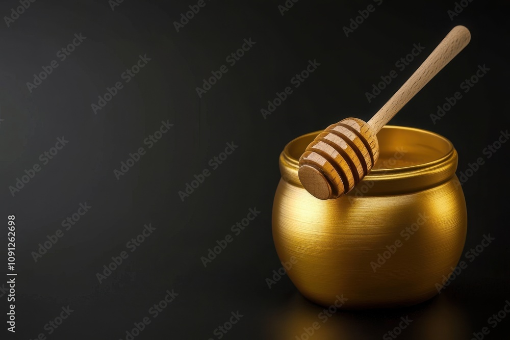 golden honey jar with wooden dipper isolated golden honey jar with wooden dipper isolated