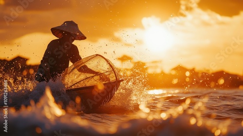 Golden Sunset Fisherman Silhouette Water Net Boat Asia photo