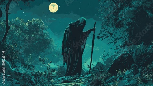 Mysterious figure of the Grim Reaper standing under a bright moon, surrounded by dark trees and an eerie, shadowy landscape. photo