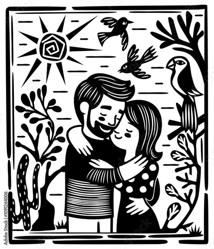Brazilian cordel style. Man and woman hugging. Love concept. Northeast woodcut style
