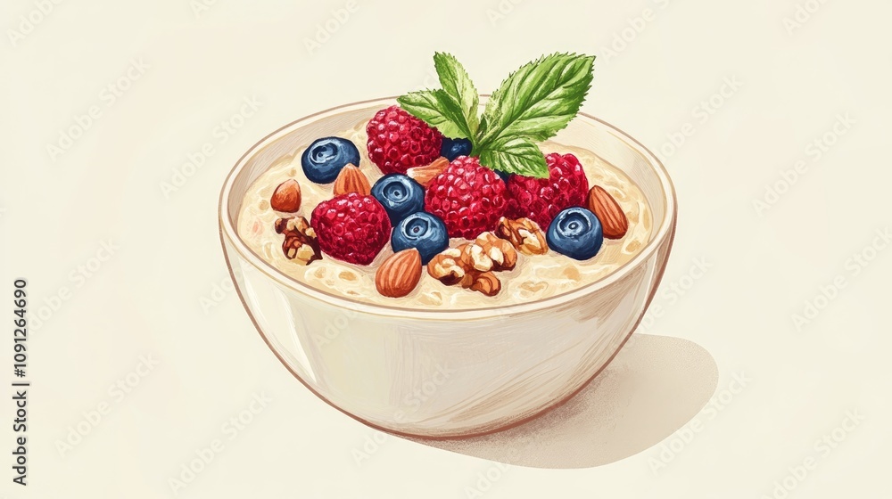 A wholesome bowl of oatmeal topped with vibrant fresh berries, crunchy nuts, and a sprig of mint, perfect for health-conscious breakfast enthusiasts and nutritious meal planning. A wholesome bowl of oatmeal topped with vibrant fresh berries, crunchy nuts, and a sprig of mint, perfect for health-conscious breakfast enthusiasts and nutritious meal planning.
