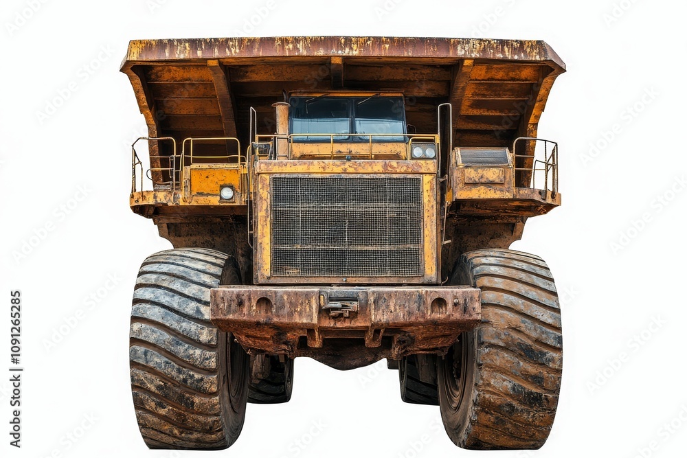 Fototapeta premium Rusty yellow mining dump truck, large tires.