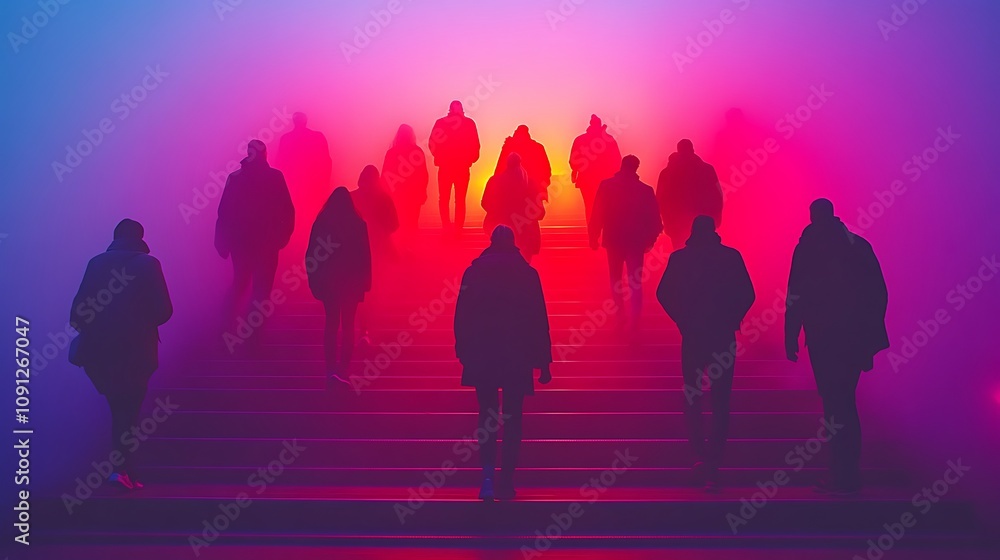 Fototapeta premium Enigmatic Atmosphere of a Subway Entrance with Ethereal Glow and Mysterious Figures Emerging from the Fog in Vibrant Color Palette