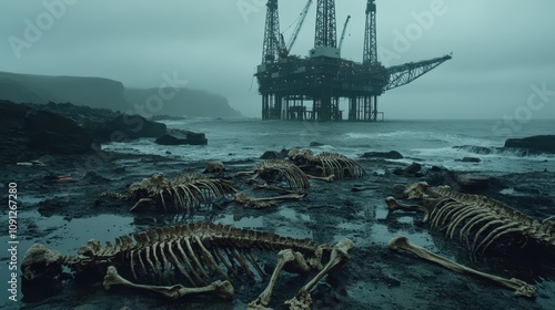 Oil Rig Disaster Environmental Catastrophe Marine Wildlife Skeletons Dark Coastline photo