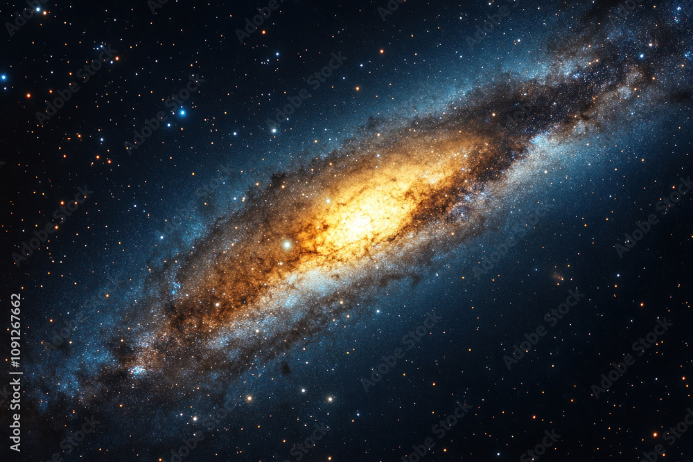 Fototapeta premium a galaxy immersed in the vastness of space. The central part of the galaxy shines with a bright golden light, surrounded by darker areas filled with many stars. 