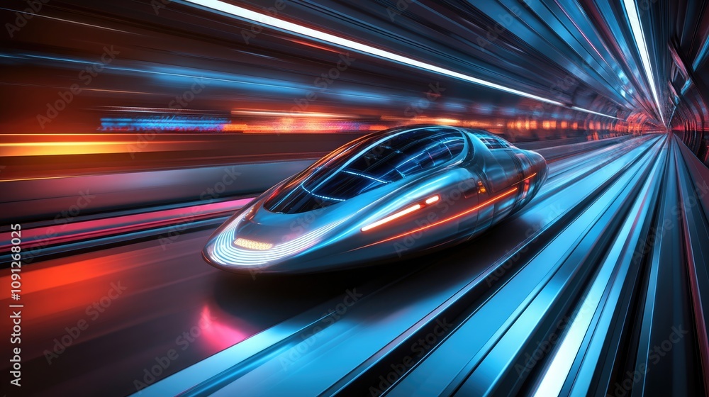 Futuristic high-speed train racing through a vibrant, illuminated tunnel, symbolizing advanced transportation and travel logistics. Futuristic high-speed train racing through a vibrant, illuminated tunnel, symbolizing advanced transportation and travel logistics.