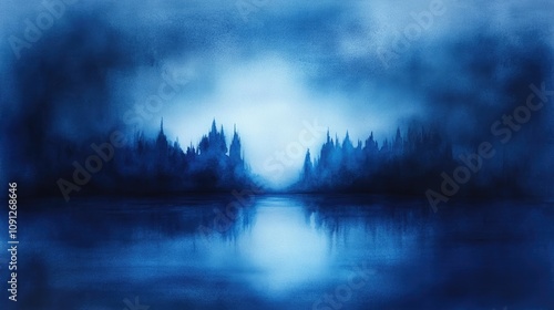 Wallpaper Mural Serene blue abstract watercolor landscape featuring a misty horizon, silhouetted trees, and a tranquil reflective lake, creating an atmospheric and calming composition. Torontodigital.ca