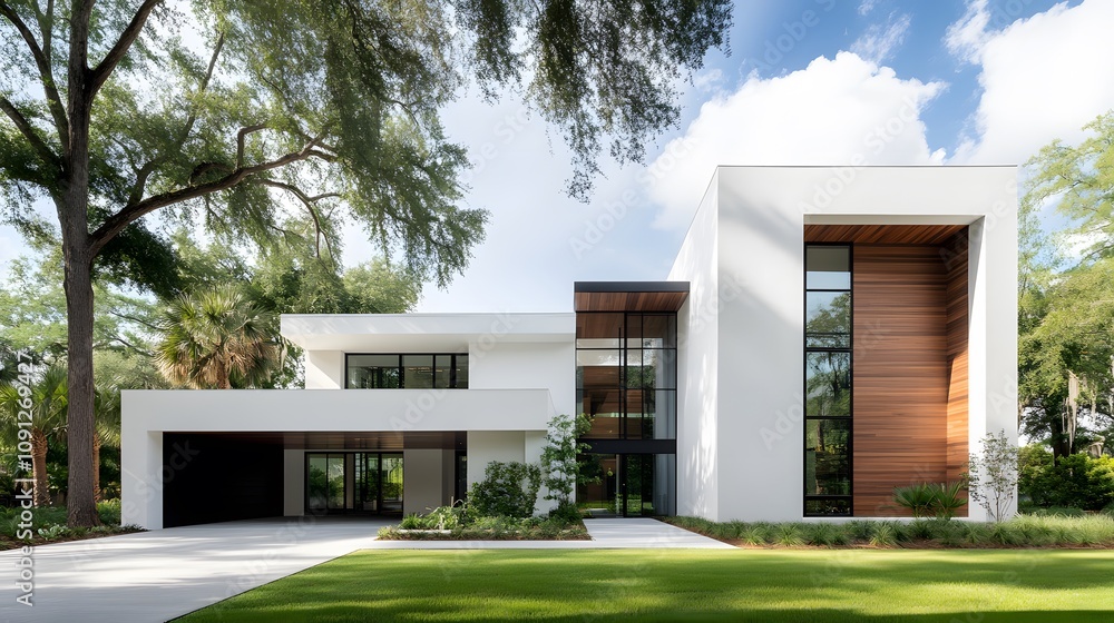 Fototapeta premium Suburban modern home with stylish facade and sunny green yard