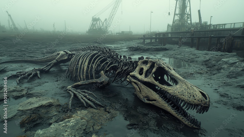 Obraz premium Prehistoric Dinosaur Fossil Skeleton in Industrial Foggy Landscape