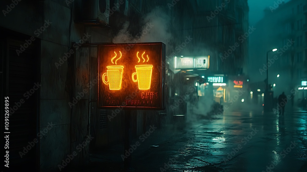 Obraz premium Neon Lit Coffee Shop Sign in a Foggy Urban Street at Night with Dramatic Lighting and Atmospheric Vibes