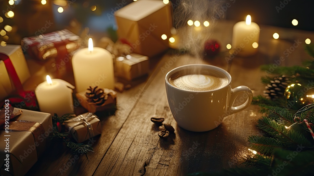 A steaming cup of coffee on a wooden table surrounded by candles, small Christmas gifts, and festive greenery in a cozy shop. A steaming cup of coffee on a wooden table surrounded by candles, small Christmas gifts, and festive greenery in a cozy shop.