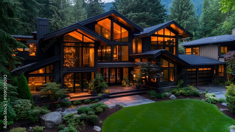 Obraz premium Luxury glass-walled home with a trimmed lawn in a serene setting
