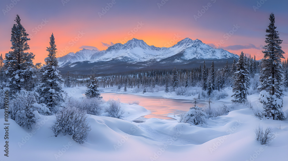 Obraz premium A Majestic Rugged Mountain Terrain Covered in Fresh Snow Under a Brilliant Twilight Sky, Promising Adventure in Untouched Wilderness