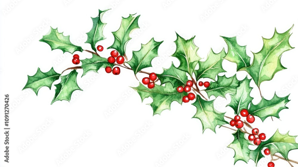 Fototapeta premium Blank Christmas card on a white background with holly illustrations, inviting seasonal greetings.