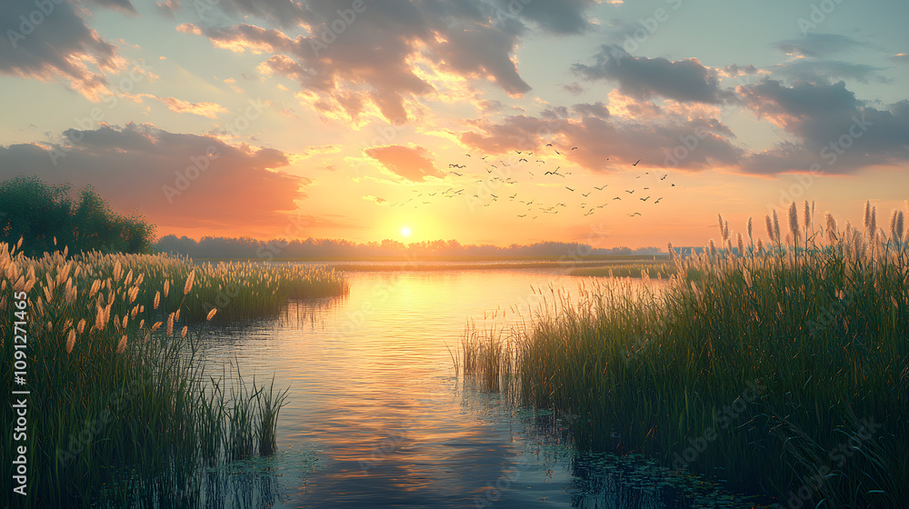 Obraz premium An Expansive Wetland Filled with Life, Showcasing Delicate Reeds and Echoing Birds Beneath the Hues of a Vibrant Sunset