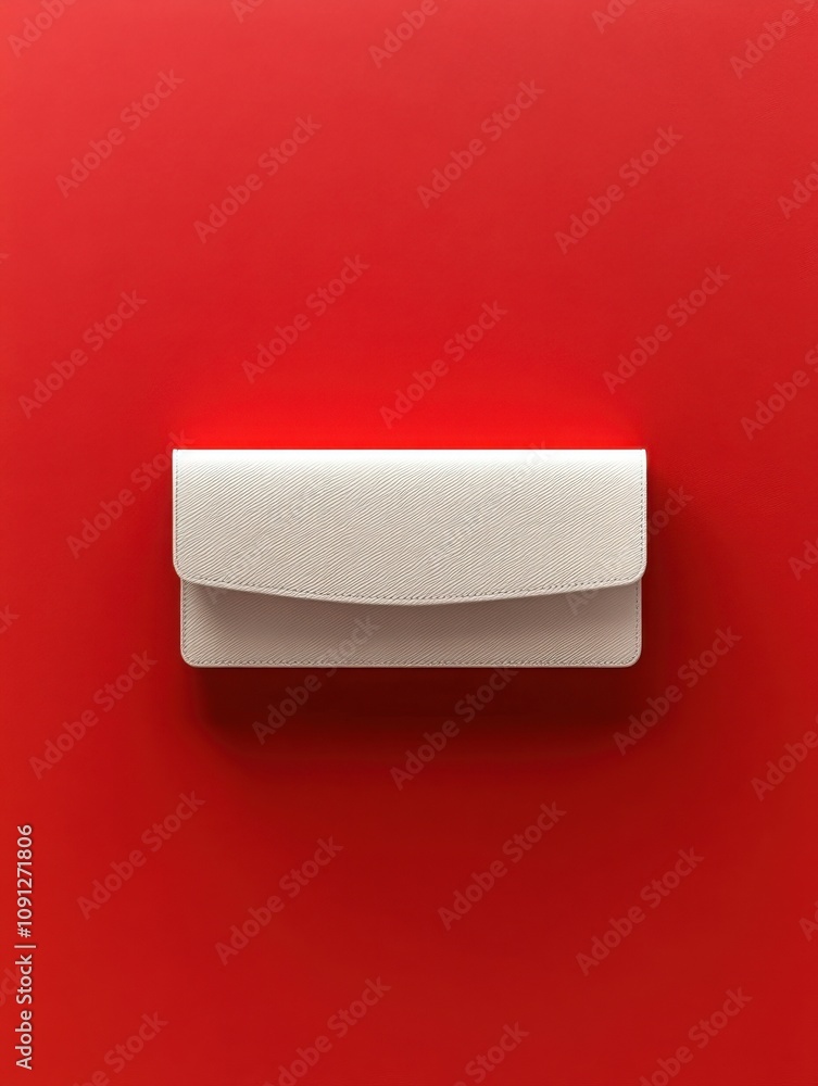 Obraz premium Stylish white travel wallet mockup on bold red background for modern design concepts