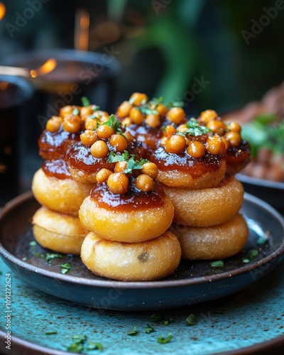 Pani puri served with tangy tamarind water, crispy shells filled with chickpeas and potatoes, vibrant street-style presentation" crispy, zesty, Indian street style