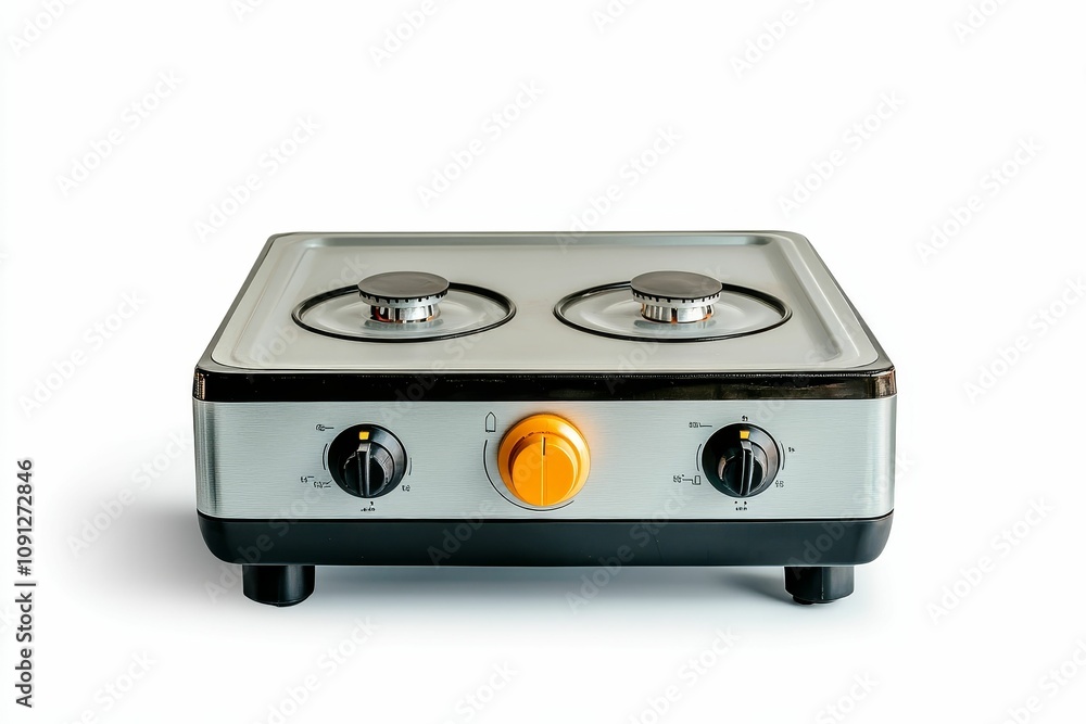 Fototapeta premium Two-burner portable gas stove with controls.
