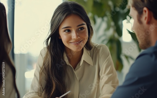 Happy young businesswoman manager, wearing coffee inch shirt, beige pants, at...
