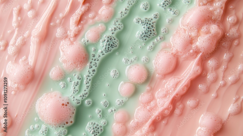 Fototapeta premium Glossy pastel liquid surface with textured bubbles for artistic background and design