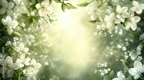 Delicate white spring flowers frame with ample copy space, perfect for invitations or greeting cards, set against a soft, dreamy background.