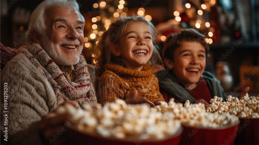 Fototapeta premium A multi-generational family enjoying a Christmas movie night.