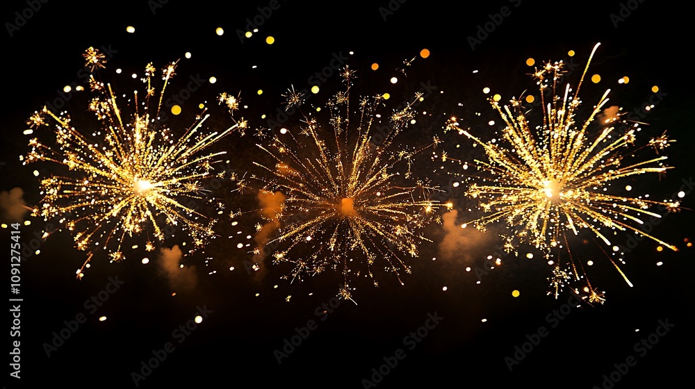 Luminous golden fireworks trails glowing bokeh lights scattered softly on the black background Luminous golden fireworks trails glowing bokeh lights scattered softly on the black background