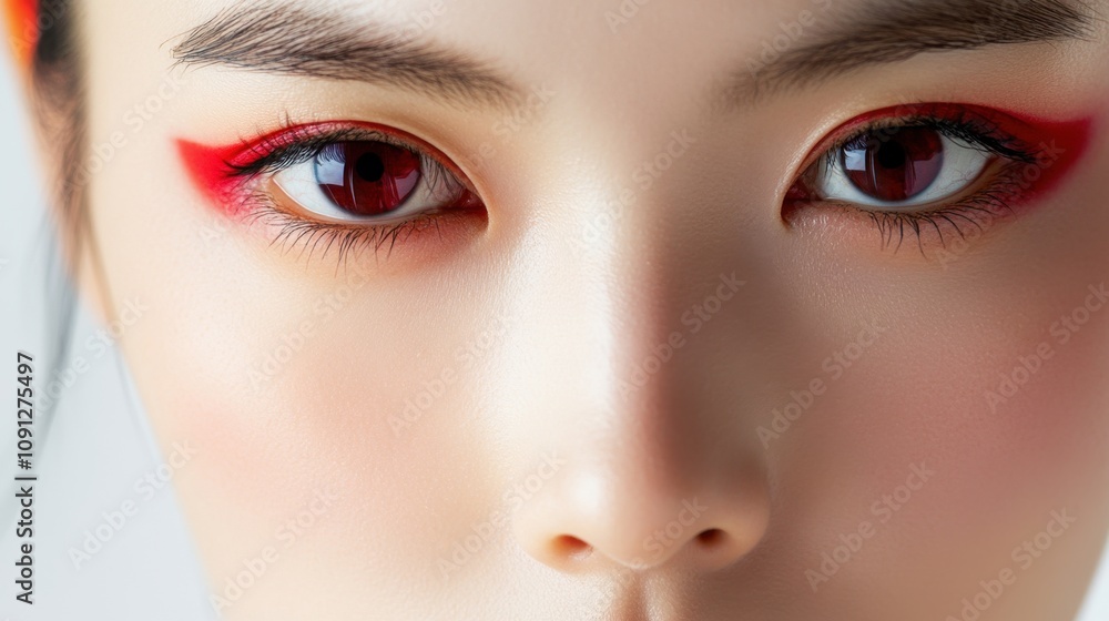 Naklejka premium Close-up of a Model with Striking Red Eyeliner and Captivating Eyes, Highlighting Unique Makeup Artistry and Artistic Expression in Beauty Photography