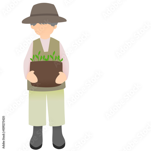 A gardener carryying a pot of plant seeds