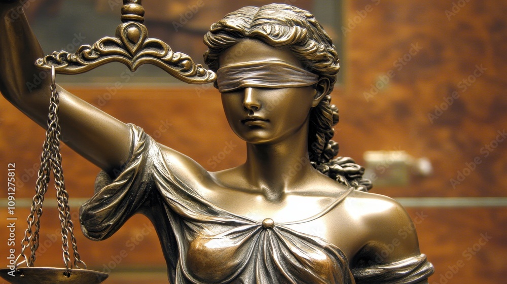 Obraz premium Symbolic Representation of Justice with the Blindfolded Lady Justice Holding Scales in a Decorative Environment Ideal for Legal and Ethical Themes