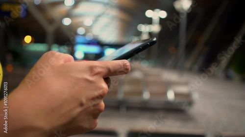 A closeup of hands using a smartphone in an airport terminal. Modern seating and curved architecture, technology and travel. Woman typing a quick message on a phone at airport photo