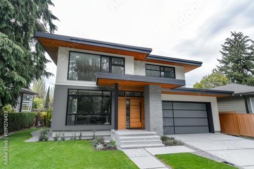 Design a modern house facade with a sharp contrast between grey and white