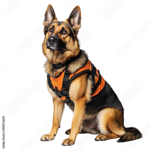 A confident German Shepherd wearing an orange harness, showcasing loyalty and strength. photo