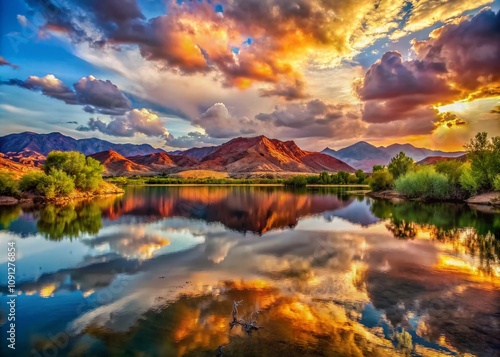 Breathtaking Double Exposure Photography of Fire Lake Park at Ivins Reservoir Capturing Nature's Serenity and Vibrant Landscape Reflections in a Unique Artistic Style photo