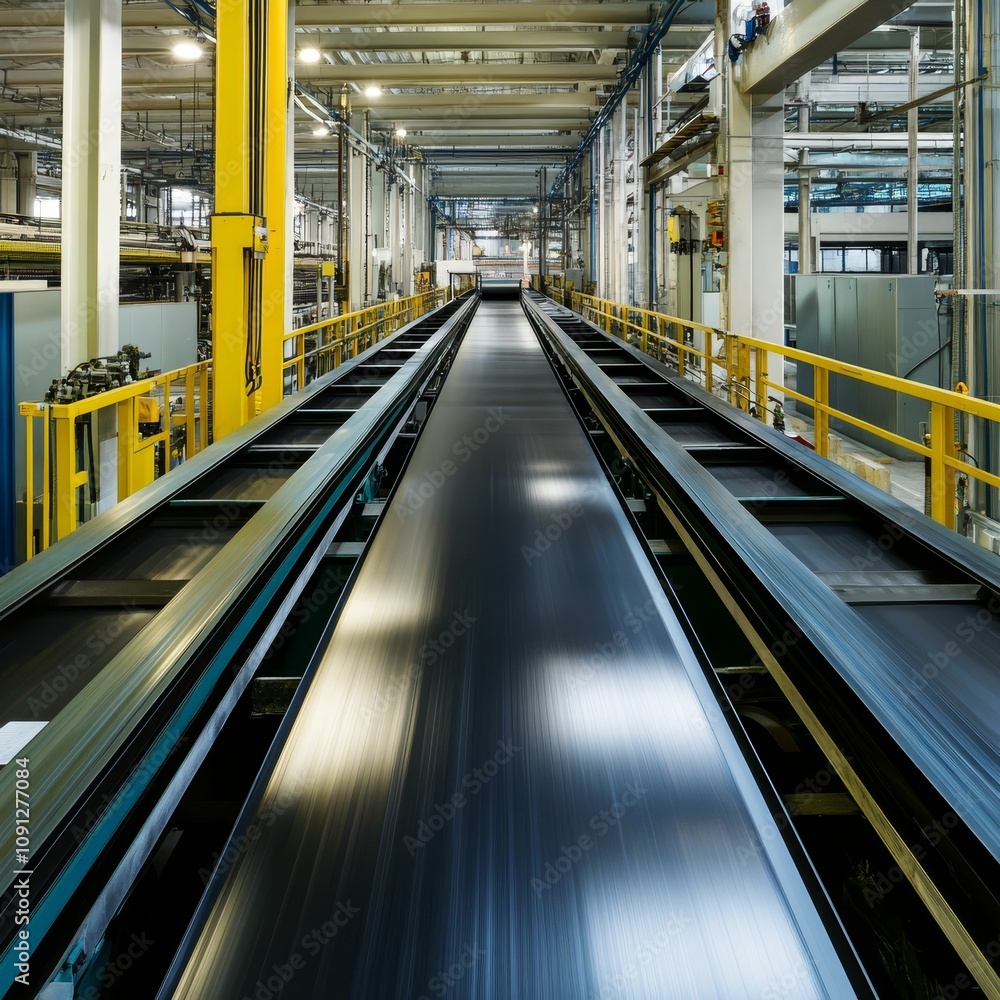 Fototapeta premium Factory conveyor belts, industrial machinery, long perspective.
