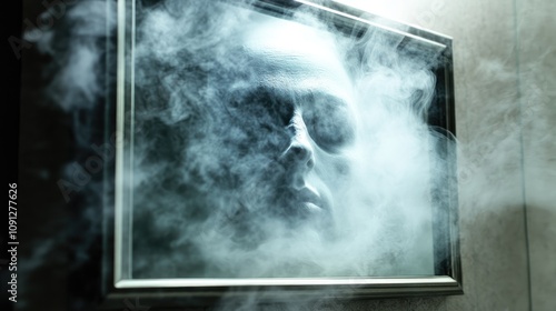 Mysterious ghostly face materializing through fog on a bathroom mirror, surrounded by swirling steam, creating an eerie and captivating visual effect. photo