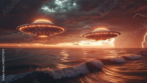 UFOs Hovering Over a Calm Ocean at Sunset