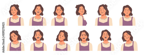 Facial expression of female character personage. Vector in flat style, isolated set of mimics. Sadness and happiness, laughing girl and feeling blue or sad. Showing surprise of contempt
